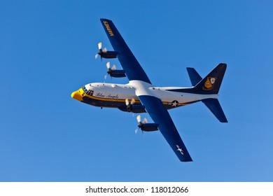 VIRGINIA BEACH - MAY 21:US Navy Blue Angels nickname Fat Albert Hercules C130 performing demo on May 21, 2012 in Virginia Beach "Fat Albert" is used by US Navy Blue Angels as a transportation unit