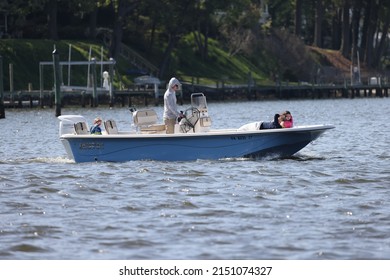 Virginia Beach, Virginia, USA - April 24, 2022: A Family Outing On Linkhorn Bay Virginia Beach In A Carolina Skiff