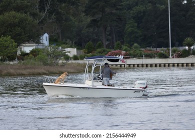 Virginia Beach, Virginia, USA - May 15, 2022: Even The Family Pet Gets A Day Out On This Mako 191 Day Fishing Boat.