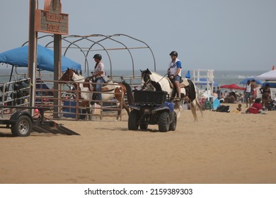 Virginia Beach, Virginia, USA - May 21, 2022: Horseback Riding Tours For The Family On The Beach In Virginia Beach.