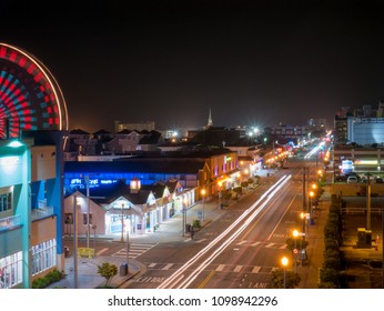 Virginia Beach, Virginia, USA - May 23, 2018: Long exposure picture of the Alantic avenue at night