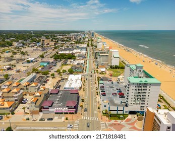 Virginia Beach, VA, USA - June 22, 2022: Aerial Drone Photo Of Atlantic Avenue Virginia Beach