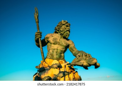 Virginia Beach, VA, USA - May 24 2022: King Neptune Statue In Front Of A Clear Blue Sky