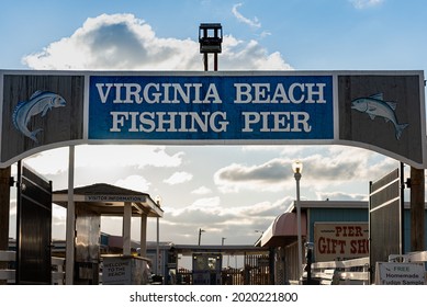 Virginia Beach,Virginia,USA-May 31, 2021: Virginia Beach Fishing Pier's Sign near Virginia Beach Boardwalk in summer.