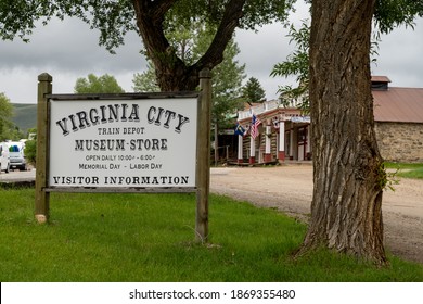 Virginia City, Montana - June 29, 2020: Sign And Exterior For The Train Depot And Museum Store In The Historic Ghost Town