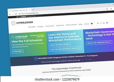 Virginia, USA - November 5, 2018 - Hyperledger Part Of The Linux Foundation Projects Open Source Blockchains.