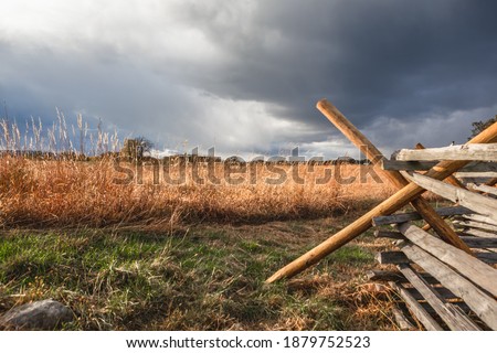 Virginia worm fence or split rail fence constructed of wood located Oak Ridge on the field where the Battle of Gettysburg took place during the Civil War