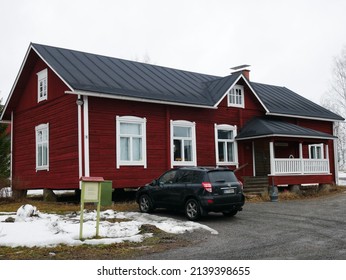 Virrat, Finland - March 24 2022: Documentary Of Everyday Life And Place. Street View At Virrat In Winter. Beautiful Old Wooden House.