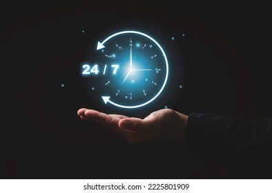 virtual 247 with clock on hand for worldwide nonstop and full-time  available contact of service concept.