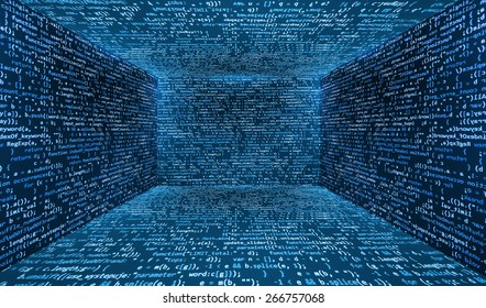 Virtual abstract fantasy cyber reality room. Walls made of screen monitors with digital digits and chars data stream live. Online reality concept. Blue color. - Shutterstock ID 266757068