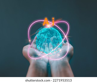 Virtual artificial intelligence globe network connection in hand. Business global internet connection, science, innovation and communication technology concept.