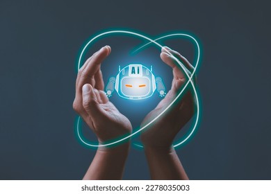 Virtual artificial intelligence network connection with chatbot communicate in hand. Business global internet connection, Futuristic technology, innovation and communication technology concept.