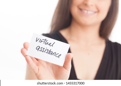 Virtual assistance on white background, by smiling happy female 
