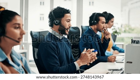 Virtual assistant, staff and man with technology in call center, customer care and communication. Troubleshooting, online advice or help desk agent consulting with client, headset or people coworking