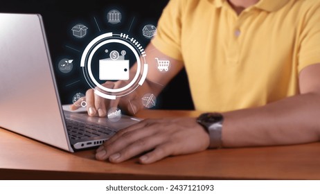 virtual bank concept, global internet connectivity application technology. man interacts with laptop