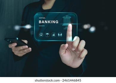 Virtual banking, online payment, fintech. Businesswoman touch a virtual screen of online banking. - Powered by Shutterstock