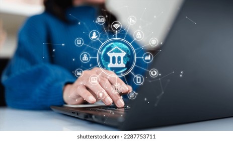Virtual banking, technology finance concept. Women use fintech and digital innovation to provide convenient and secure internet banking.
