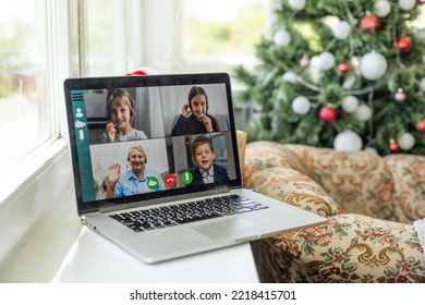 Virtual Christmas Day House Party. Video Conferencing, Video Call Via Computer In The Home Office. Online Team Gift Opening Conference Calling.