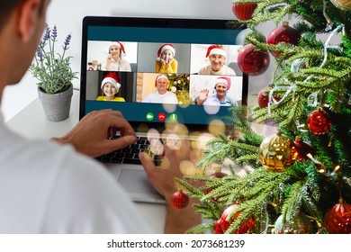 Virtual Christmas Meeting Team Teleworking. Family Video Call Remote Conference Computer Webcam Screen View. Diverse Portrait Headshots Meet Working From Their Home Offices. Happy Hour Party Online.