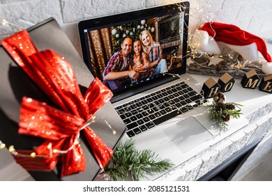 Virtual Christmas Meeting Team Teleworking. Family Video Call Remote Conference Computer Webcam Screen View. Diverse Portrait Headshots Meet Working From Their Home Offices. Happy Hour Party Online.