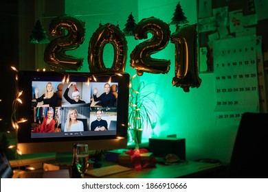 Virtual Christmas New Year's Meeting Team Teleworking. Family Video Call Remote Conference. Laptop Screen View. 2021 Meet Working From Their Home Offices. Happy Hour Party Online Woman Team Diversity