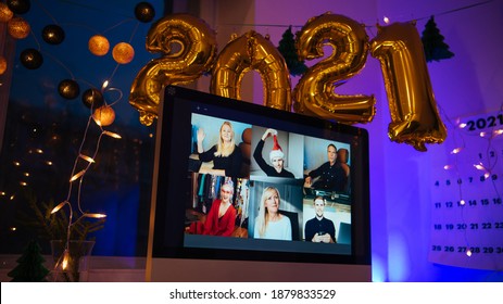 Virtual Christmas New Year's Meeting Team Teleworking. Family Video Call Remote Conference. Laptop Screen View. 2021 Meet Working From Their Home Offices. Happy Hour Party Online Woman Team Diversity
