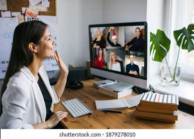 Virtual Christmas Tree Meeting Team Teleworking. Family Video Call Remote Conference. Laptop Webcam Screen View. Team Meet Working From Their Home Offices. Happy Hour Party Online Woman Team Diversity