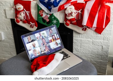 Virtual Christmas Tree Meeting Team Teleworking. Family Video Call Remote Conference. Laptop Webcam Screen View. Team Meet Working From Their Home Offices. Happy Hour Party Online Woman Team Diversity