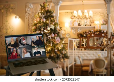 Virtual Christmas Tree Meeting Team Teleworking. Family Video Call Remote Conference. Laptop Webcam Screen View. Team Meet Working From Their Home Offices. Happy Hour Party Online Woman Team Diversity