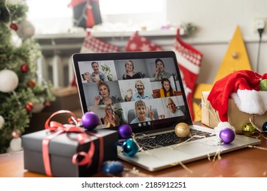 Virtual Christmas Tree Meeting Team Teleworking. Family Video Call Remote Conference. Laptop Webcam Screen View. Team Meet Working From Their Home Offices. Happy Hour Party Online Woman Team