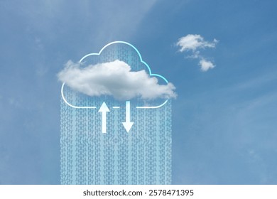 Virtual cloud computing with natural white cloud sky on blue background. Global networking cloud technology is the concept of transferring data information and uploading and downloading applications. - Powered by Shutterstock - Get 15% off with code: PIKWIZARD15
