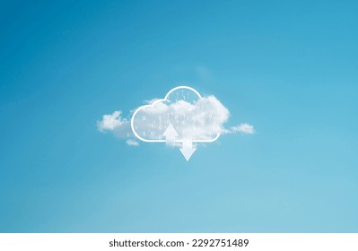 Virtual computing with natural white cloud sky on blue background , Cloud technology is transfer data information and upload download application concept.