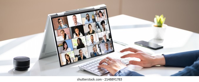 Virtual Conference Meeting In Office Room On Hybrid Convertible Laptop - Shutterstock ID 2148891783
