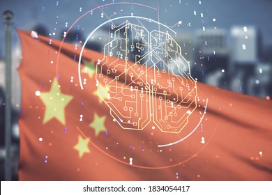 Virtual creative artificial Intelligence hologram with human brain sketch on flag of China and blurry skyscrapers background. Multiexposure