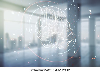 Virtual creative artificial Intelligence hologram with human brain sketch on empty corporate office background. Multiexposure