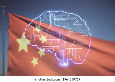 Virtual creative artificial Intelligence hologram with human brain sketch on Chinese flag and sunset sky background. Double exposure - Powered by Shutterstock - Get 15% off with code: PIKWIZARD15