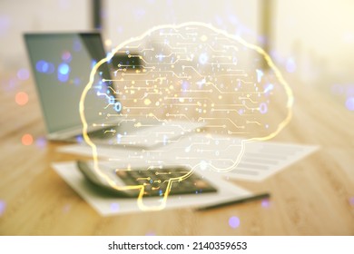 Virtual creative artificial Intelligence hologram with human brain sketch on calculator and laptop background. Multiexposure