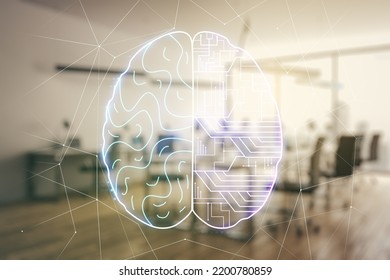 Virtual Creative Artificial Intelligence Hologram With Human Brain Sketch On A Modern Furnished Classroom Background. Double Exposure