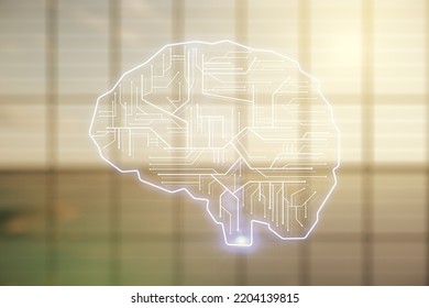 Virtual Creative Artificial Intelligence Hologram With Human Brain Sketch On Empty Corporate Office Background. Multiexposure