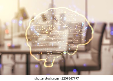 Virtual Creative Artificial Intelligence Hologram With Human Brain Sketch On A Modern Furnished Office Background. Multiexposure