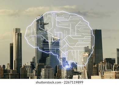 Virtual creative artificial Intelligence hologram with human brain sketch on New York cityscape background. Double exposure