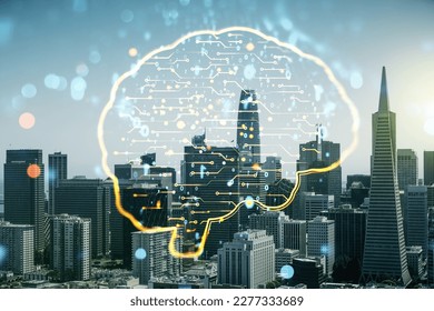 Virtual creative artificial Intelligence hologram with human brain sketch on San Francisco cityscape background. Double exposure