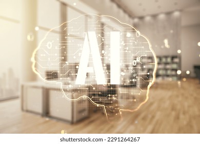 Virtual creative artificial Intelligence hologram with human brain sketch on a modern furnished classroom background. Double exposure