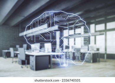 Virtual creative artificial Intelligence hologram with human brain sketch on a modern furnished classroom background. Double exposure