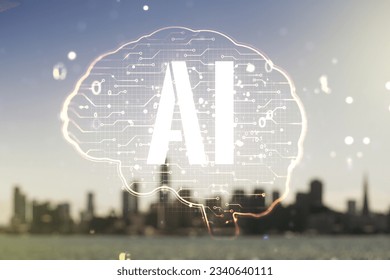 Virtual creative artificial Intelligence hologram with human brain sketch on blurry skyline background. Multiexposure