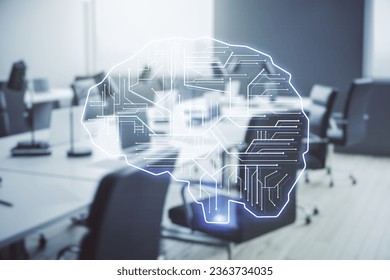 Virtual creative artificial Intelligence hologram with human brain sketch on a modern furnished classroom background. Double exposure