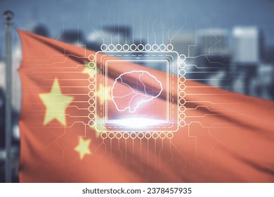 Virtual creative artificial Intelligence hologram with human brain sketch on flag of China and blurry skyscrapers background. Multiexposure