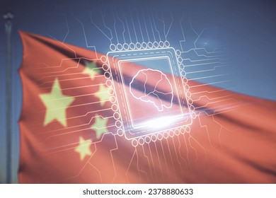 Virtual creative artificial Intelligence hologram with human brain sketch on Chinese flag and sunset sky background. Double exposure