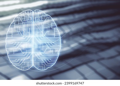 Virtual creative artificial Intelligence hologram with human brain sketch on blurry abstract metal background. Multiexposure