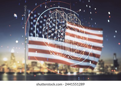 Virtual creative artificial Intelligence hologram with human brain sketch on US flag and skyline background. Double exposure